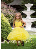 Beaded Yellow Tulle Ruffled Tea Length Flower Girl Dress